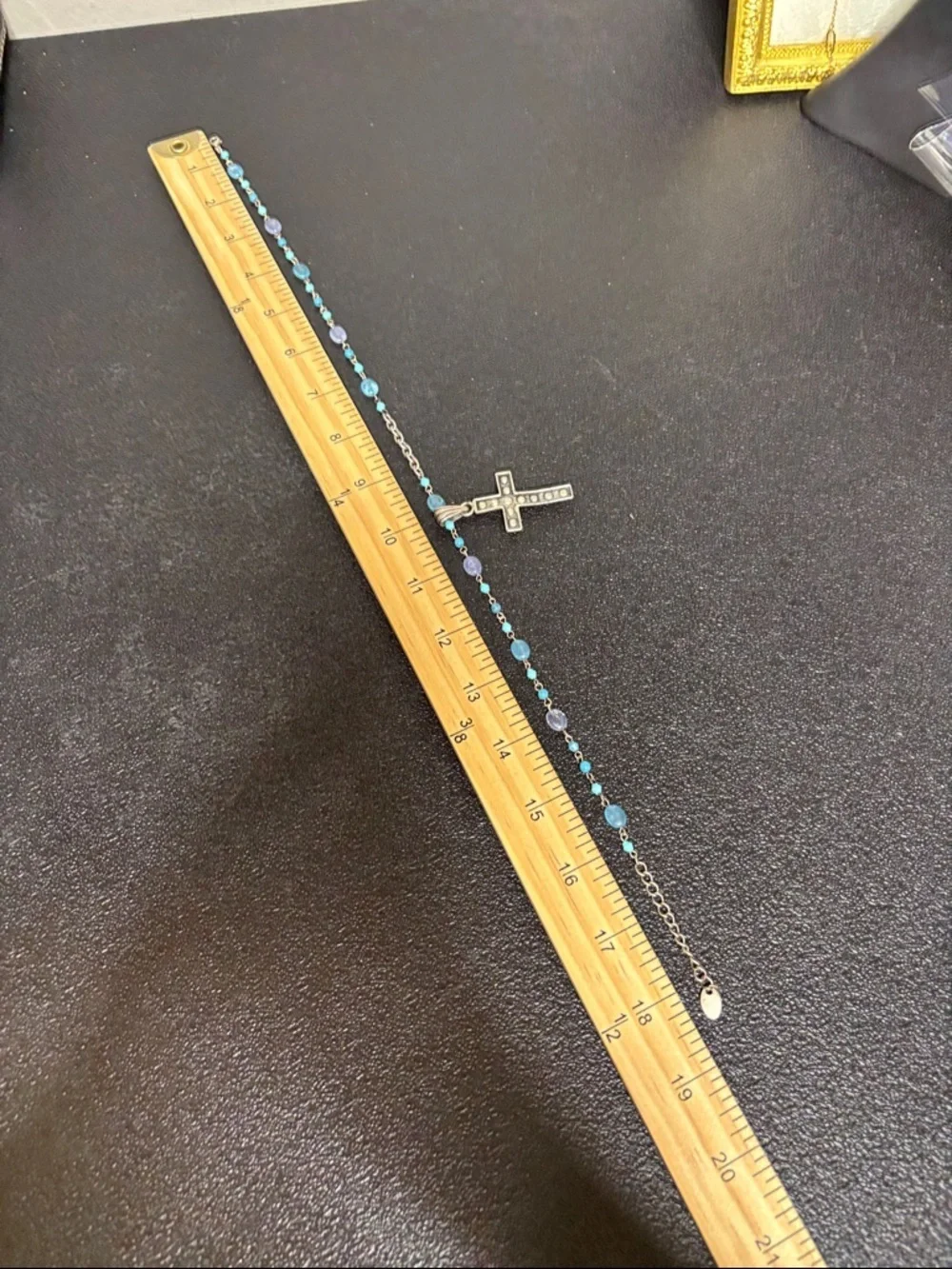 Vintage Blue Silver Tone Beaded Chain Cross Necklace